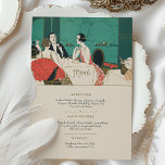 Vintage Art Deco Wedding Menu Card Dinner Scene<br><div class="desc">Set a sophisticated tone for your wedding dinner with this vintage Art Deco-inspired menu card. The front showcases a stylish dinner scene from the 1920s, featuring elegantly dressed guests at a formal table, framed by soft lighting and a rich, moody colour palette of teal, coral, and cream. This design captures...</div>