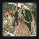 Vintage Art Deco Wedding, Newlyweds First Dance Square Wall Clock<br><div class="desc">Vintage illustration love and romance art deco design featuring a newly wed couple dressed in formal attire dancing at their wedding reception; The beautiful bride is in an elegant evening gown dress with delicate pink floral flowers and the handsome groom is in a tuxedo suit.</div>