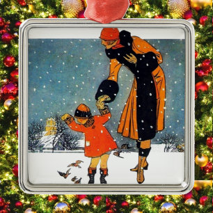 Vintage Art Deco Winter Mother and Child in Snow Metal Tree Decoration