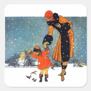 Vintage Art Deco Winter Mother and Child in Snow Square Sticker