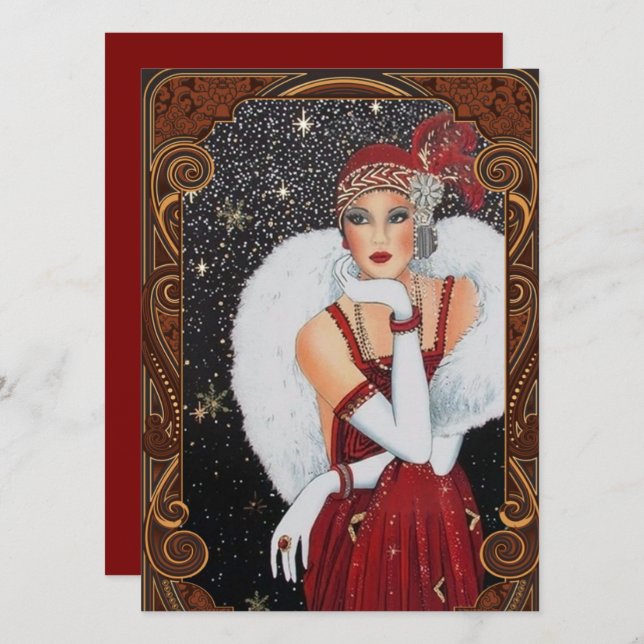 Vintage Art Deco Woman Christmas Holiday Card (Front/Back)
