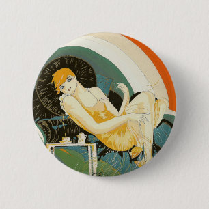 Vintage Art Deco Woman Reclining on Couch, Chompre 6 Cm Round Badge