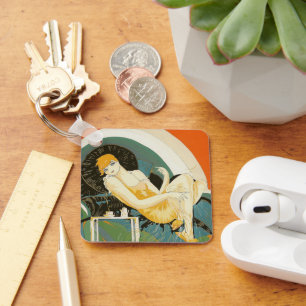 Vintage Art Deco Woman Reclining on Couch, Chompre Key Ring