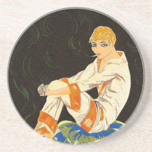Vintage Art Deco Woman, Smoking by S. Chompre Coaster
