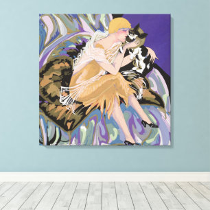 Vintage Art Deco Woman with Cat by S. Chompre Canvas Print