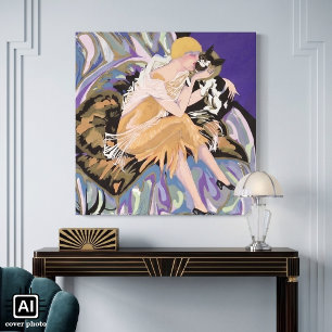Vintage Art Deco Woman with Cat by S. Chompre Canvas Print