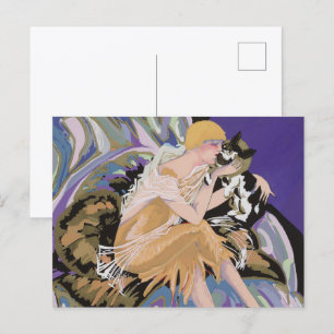 Vintage Art Deco Woman with Cat by S. Chompre Postcard