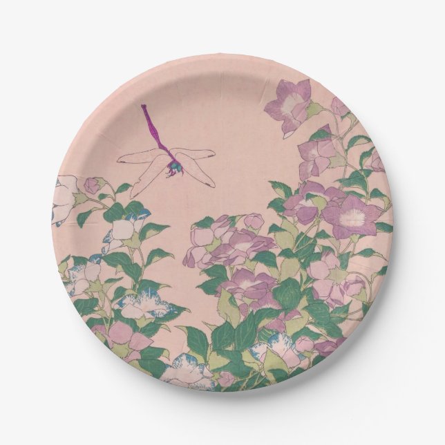 Vintage Art Dragonfly and Flowers Painting Paper Plate (Front)