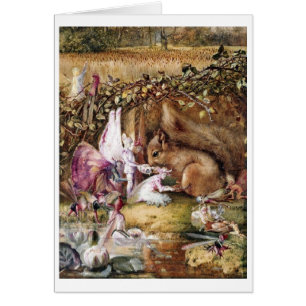 Vintage Art - Fairies Feed a Squirrel,