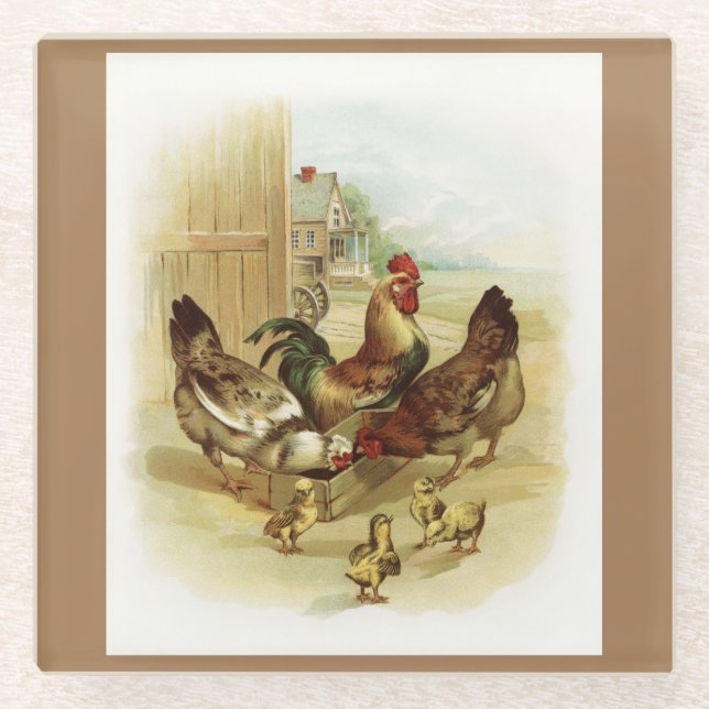 Vintage Art Farm Chickens Glass Coaster (Front)