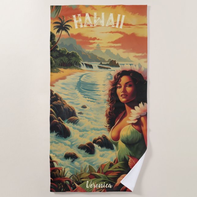 Vintage Art Hawaii Beach Hawaiian Girl  Beach Towel (Front)