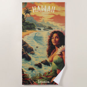 Vintage Art Hawaii Beach Hawaiian Girl  Towel