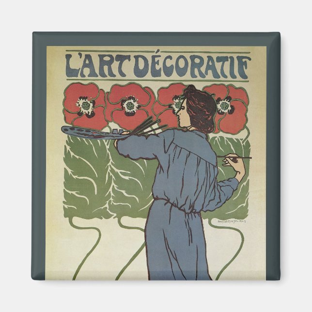 Vintage Art Nouveau, Artist Painting Poppy Flowers Magnet (Front)