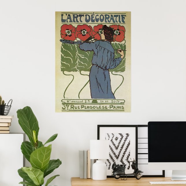 Vintage Art Nouveau, Artist Painting Poppy Flowers Poster (Home Office)
