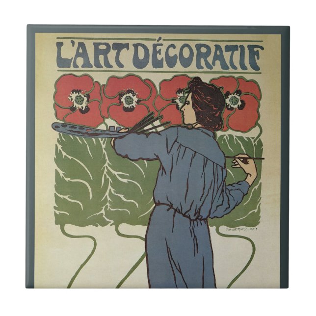 Vintage Art Nouveau, Artist Painting Poppy Flowers Tile (Front)