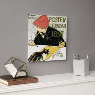 Vintage Art Nouveau, Artist Painting with Pet Cat Square Wall Clock