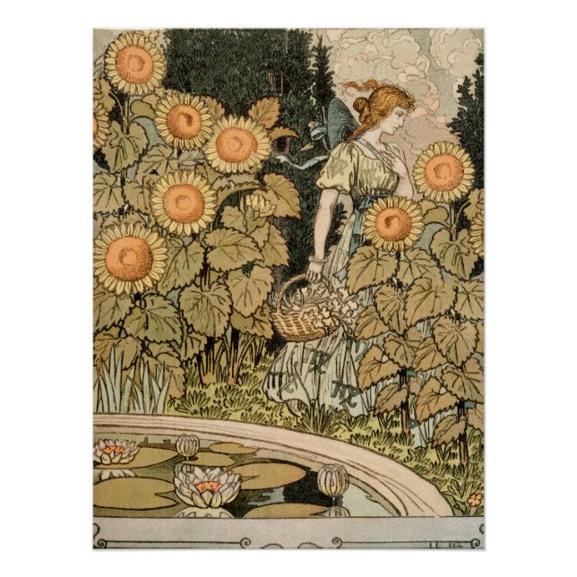 Vintage Art Nouveau August Sunflower Garden Art Poster (Front)