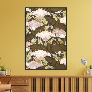 Vintage Art Nouveau Bat and Poppy Floral Pattern Canvas Print