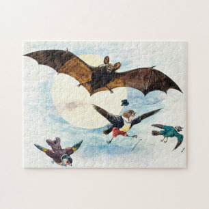 Vintage Art Nouveau Bat & Dressed Birds Moonlight Jigsaw Puzzle