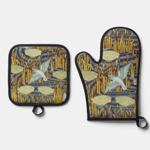 Vintage Art Nouveau Bird & Marsh Nature Pattern Oven Mitt & Pot Holder Set