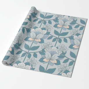 Vintage Art Nouveau Blue Floral Boho Wrapping Paper