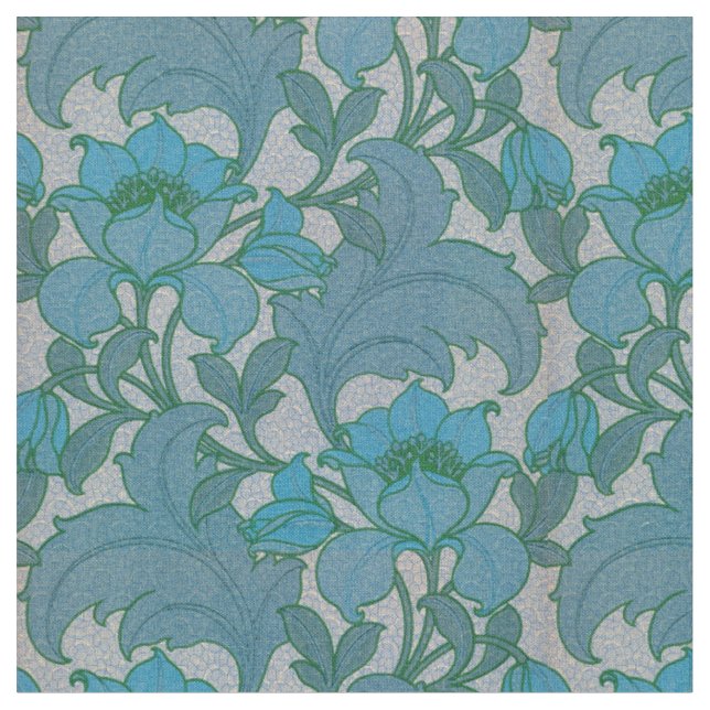 Vintage Art Nouveau Blue Floral Pattern Fabric (Close Up)