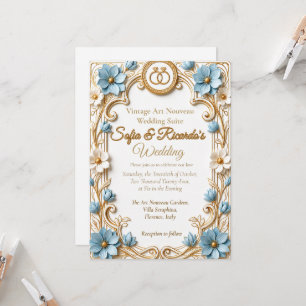 Vintage Art Nouveau Blue & Gold Embossed Wedding Invitation