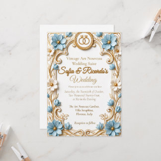 Vintage Art Nouveau Blue & Gold Embossed Wedding Invitation