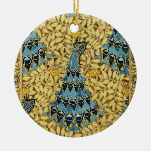 Vintage Art Nouveau Blue Peacock Floral Pattern Ceramic Tree Decoration