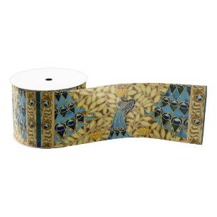 Vintage Art Nouveau Blue Peacock Floral Pattern Grosgrain Ribbon