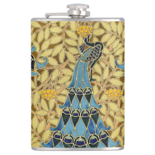 Vintage Art Nouveau Blue Peacock Floral Pattern Hip Flask