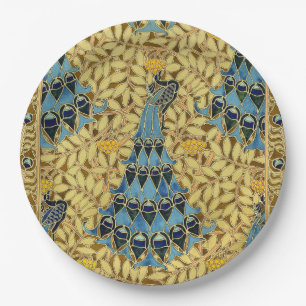 Vintage Art Nouveau Blue Peacock Floral Pattern Paper Plate