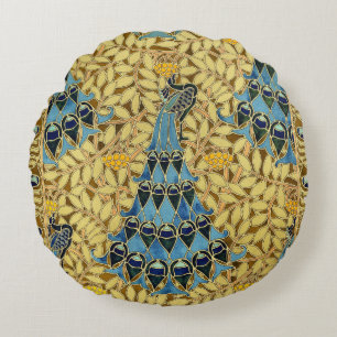 Vintage Art Nouveau Blue Peacock Floral Pattern Round Cushion
