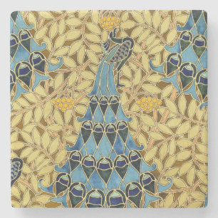 Vintage Art Nouveau Blue Peacock Floral Pattern Stone Coaster