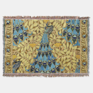 Vintage Art Nouveau Blue Peacock Floral Pattern Throw Blanket