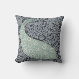 Vintage Art Nouveau Blue Peacock Print Verneuil Cushion