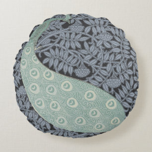 Vintage Art Nouveau Blue Peacock Print Verneuil Round Cushion