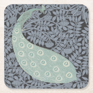 Vintage Art Nouveau Blue Peacock Print Verneuil Square Paper Coaster