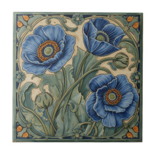 Vintage Art Nouveau  Blue Poppies  Floral  Tile