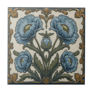 Vintage Art Nouveau  Blue Poppies  Floral  Tile