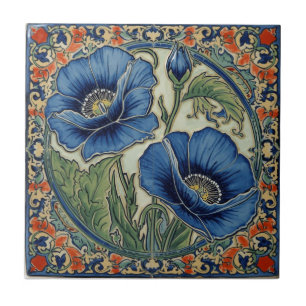 Vintage Art Nouveau  Blue Poppies  Floral  Tile