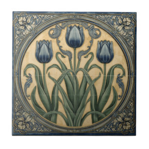 Vintage Art Nouveau Blue Tulips Floral Tile