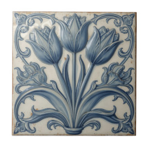Vintage Art Nouveau Blue Tulips Floral Tile