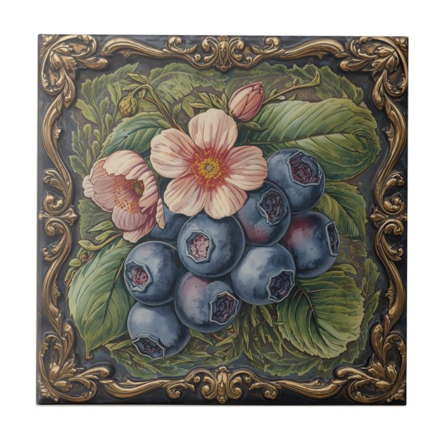 Vintage Art Nouveau Blueberries Floral  Tile (Front)