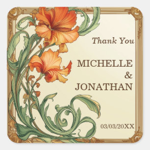 Vintage Art Nouveau Botanical Mucha Thank You Square Sticker