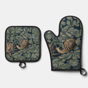 Vintage Art Nouveau Botanical Snail Antique Oven Mitt & Pot Holder Set