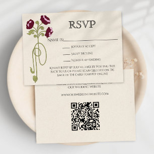 Vintage Art Nouveau Burgundy Pink Flowers QR Code RSVP Card