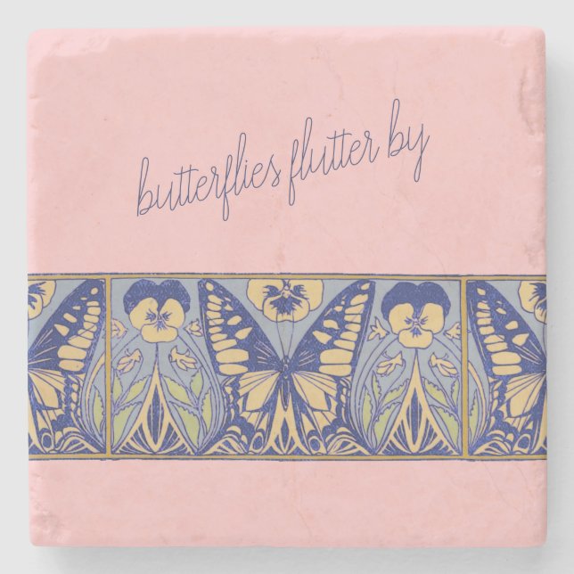 Vintage Art Nouveau Butterflies and Pansies  Stone Coaster (Front)