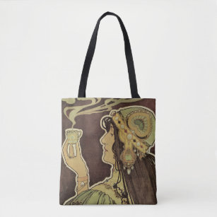 Vintage Art Nouveau Cafe Rajah, Woman with Coffee Tote Bag
