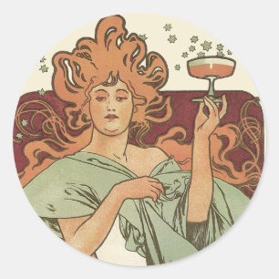 Vintage Art Nouveau, Champagne by Alphonse Mucha Classic Round Sticker